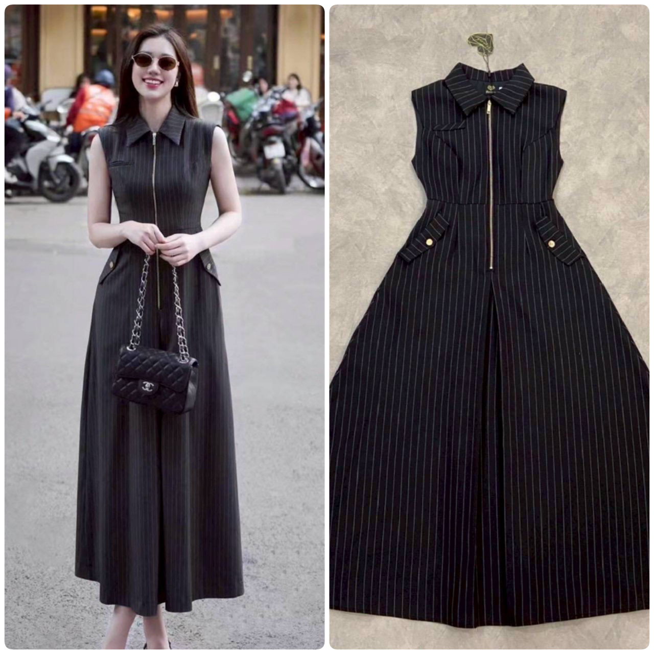 เดรสคอปกเชิ้ตตัวยาวลายทางสีดำแต่งซิปหน้าอะไหล่เงินกระเป๋าคู่ ใส่เฟียสๆ แกรมๆ ได้ไม่ซ้ำใคร ต้องมีเลยค่า