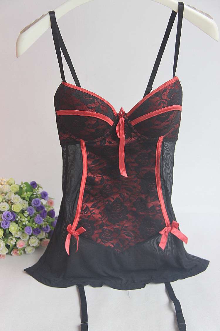 ชุดคอร์เซ็ต เดรสสั้น ชุดรัดทรง สไตล์คอร์เซ็ต แต่งริบบิ้นผูกหลัง สีดำ แต่งขลิบลูกไม้ส้ม มีดันทรงในตัว +สายรัดถุงน่อง Size M (B75 /C70) งานนอก สวยเทพเลยคะ