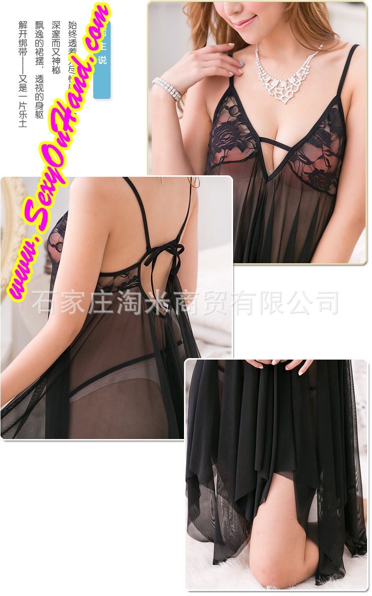 ชุดนอนเซ็กซี่ ชุดนอนซีทรู สีดำ แต่งซีทรูลูกไม้ช่วงอก ชายเล่นระดับ แต่งสายผูกด้านหลังเพิ่มความเย้ายวน เนื้อผ้าทิ้งตัว สวยหรู +G-string