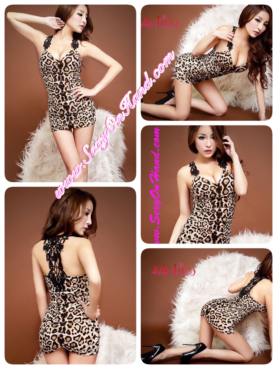 เดรสสั้น รัดรูป ชุดเที่ยว ชุดออกงานกลางคืน ชุดปาร์ตี้ เดรสสั้น ผ้ายืด ลายเสือ แต่งเย็บย่นเข้ารูป ด้านหลังแต่งลูกไม้ดำปัก แบบเปรี้ยว เก๋ เข็ดฟันเลยคะ