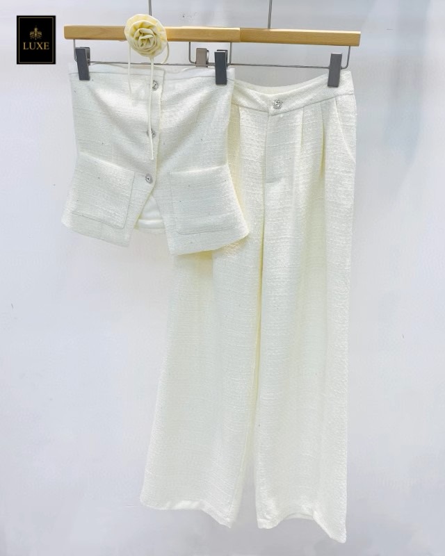 ชุดเซทแฟชั่น เซ็ตเสื้อเกาะอกทรงหลวม+กางเกงเอวสูงขากระบอกกว้าง