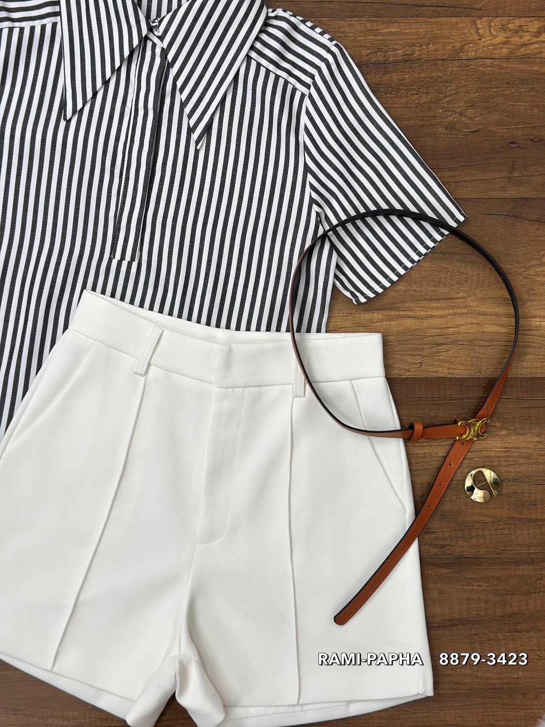 ชุดเซทแฟชั่น เซตส4ชิ้นสุดคุ้ม!! เสื้อเชิ้ตแขนสั้นคอปกเก๋ๆ ลายริ้วทางตรงสีสวยคลาสสิค