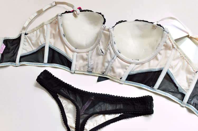 ชุดชั้นในเซ้กซี่ สีนูท แต่งลูกไม้ดำ + กางเกงในบิกินี่ เข้าชุด งานพรีเมี่ยม ส่งออก Size C80/C85