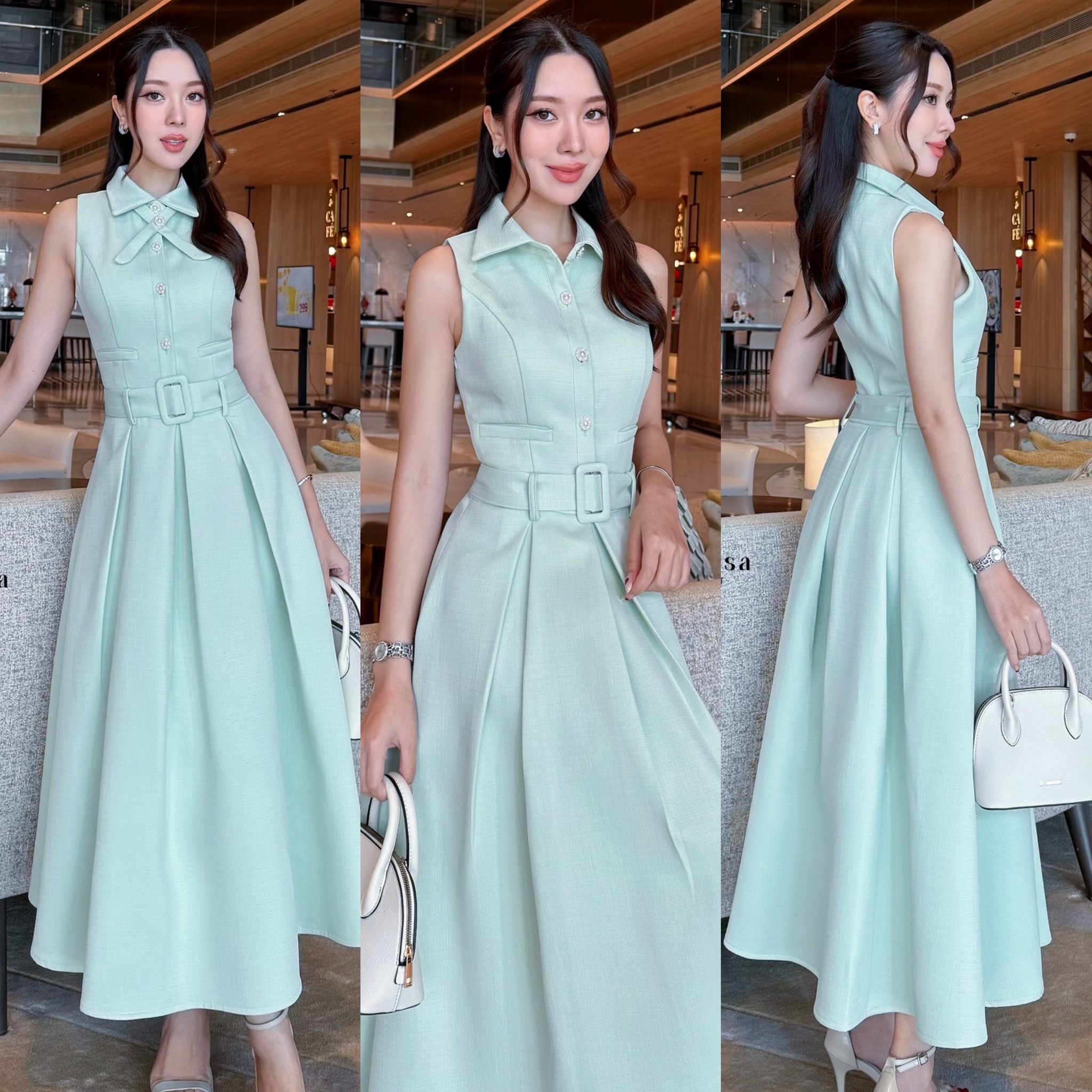 เดรสแฟชั่น เดรสผ้าพรีเมี่ยม มาพร้อมเข็มขัดและโชเกอร์