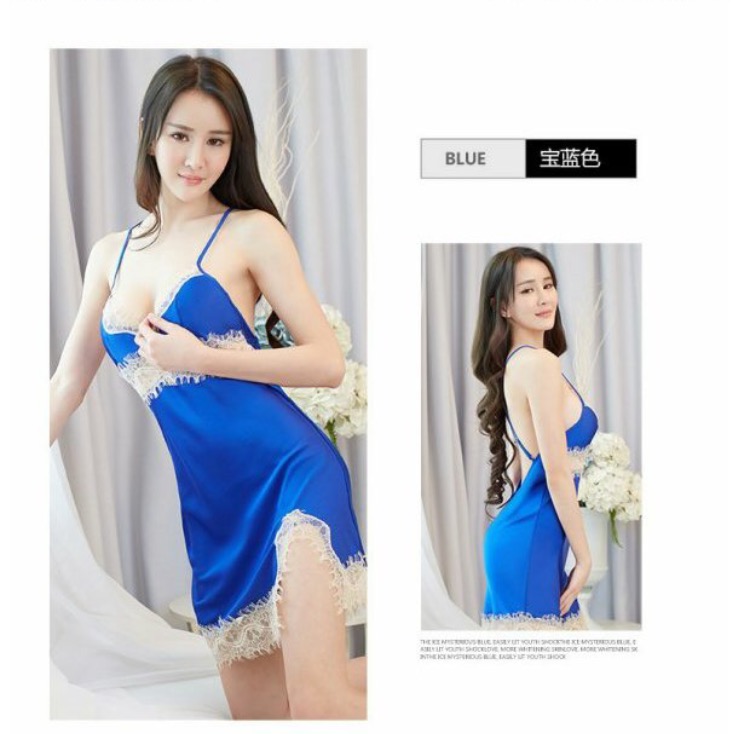 ชุดนอนผ้าไหม ชุดนอนสายเดี่ยว สีน้ำเงิน เนื้อผ้าไหม แต่ลูกไม้สีขาวครีม สวย หรูมากๆคะ Size S/M