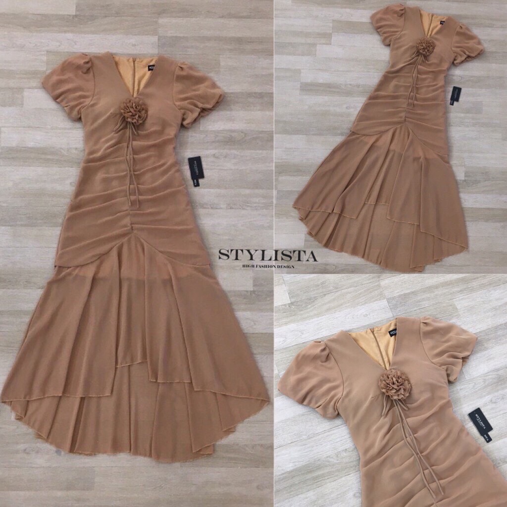 เดรสแฟชั่น Mocha Blossom Dress – เดรสชีฟองผูกอก สีมอคค่านุ่มละมุน