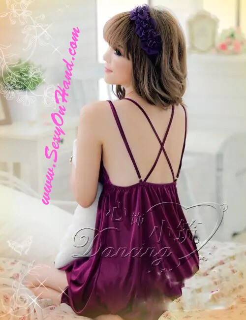 ชุดนอนเซ็กซี่ ชุดนอนซีทรู ชุดนอน ซาตินสายเดี่ยว สีม่วง แต่งลูกไม้อก เล่นสายไขว้กิ๊บเก๋ ด้านหลัง เพิ่มความเย้ายวนใจ + G string เข้าชุดคะ