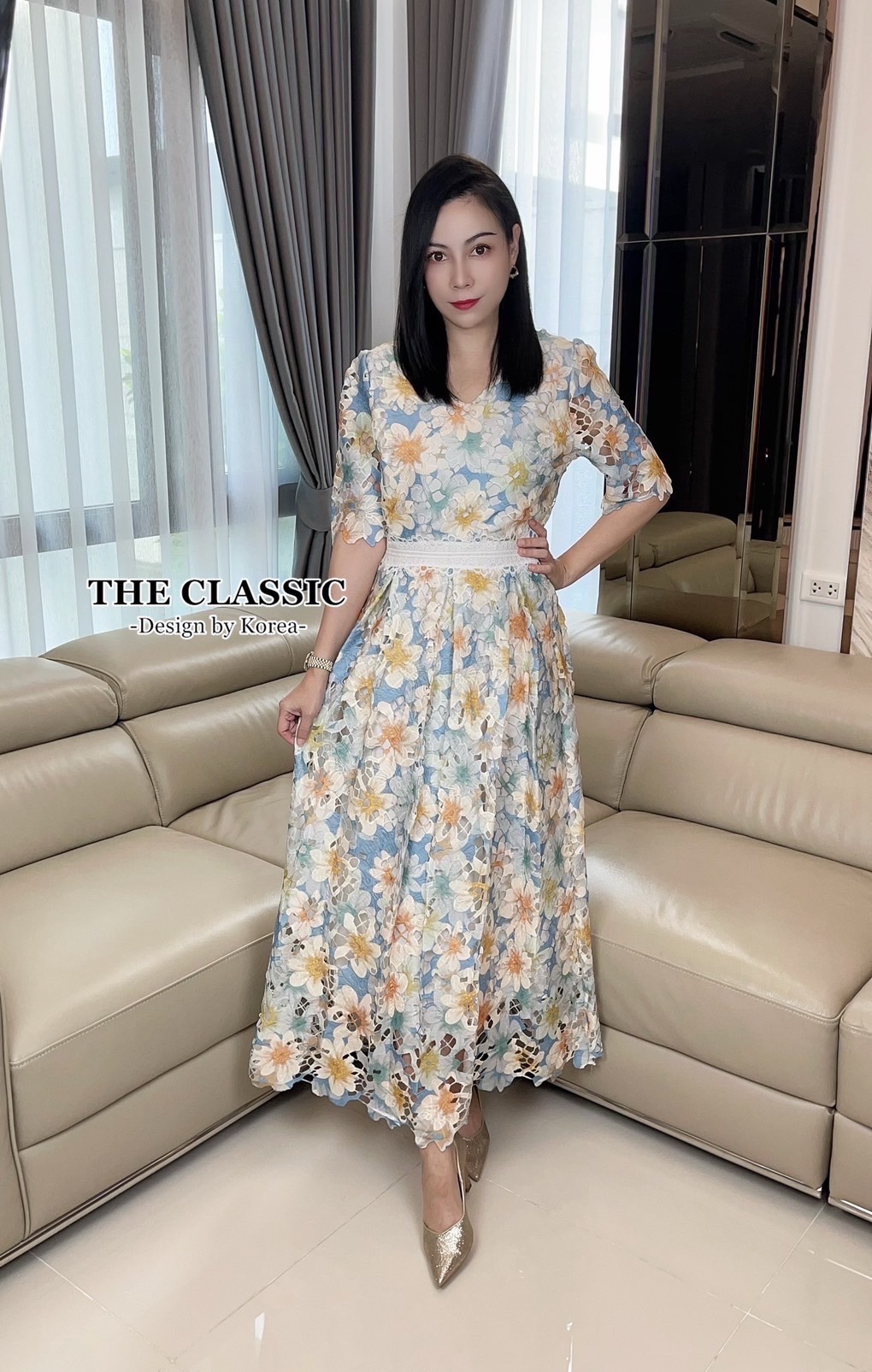 เดรสแฟชั่น เดรสยาวลายดอกไม้ ใช้ผ้าลูกไม้เนื้อหนาอย่างดี