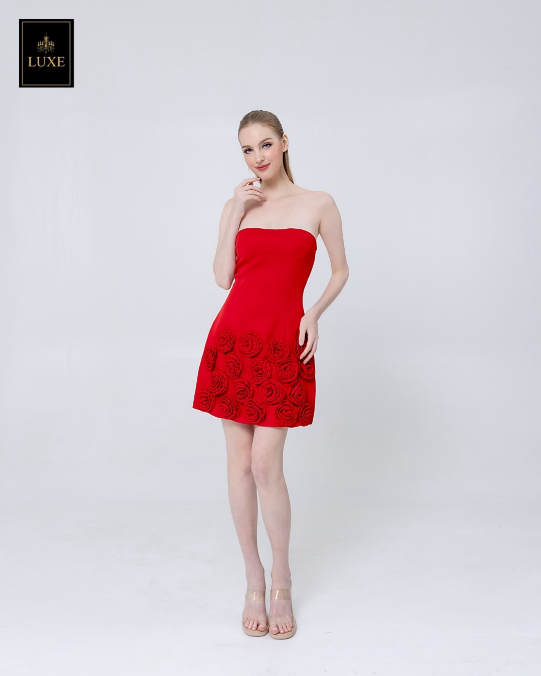 เดรสแฟชั่น เดรสเสื้อเกาะอก กระโปรงทรงเอ ทำจากผ้าฝ้ายผสมโพลีเอสเตอร์ เนื้อนุ่มยืดหยุ่น ใส่สบาย