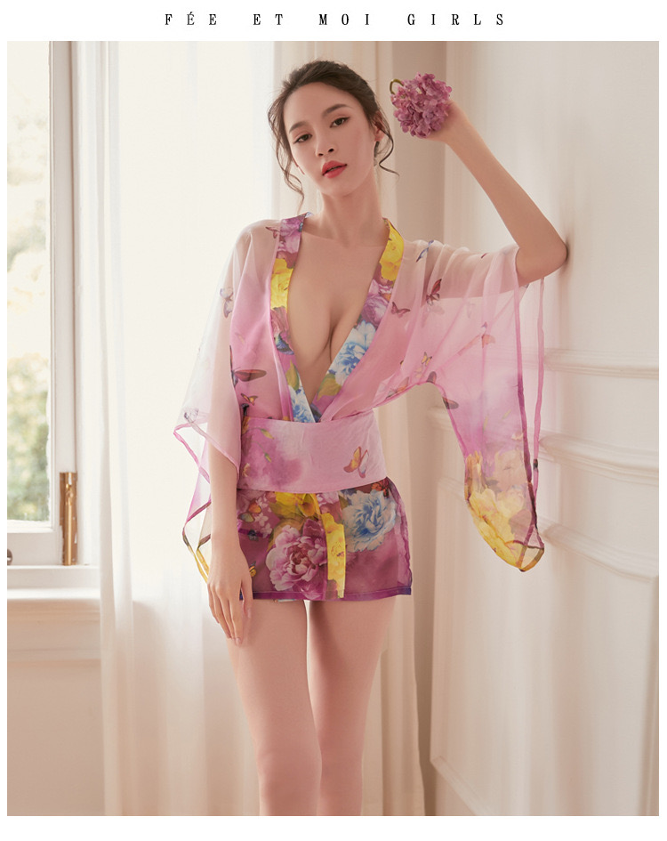 ชุดกิโมโน ซากุระ ซีทรู สีชมพู แต่งสายคาด โบว์สำเร็จรูป สำเนา