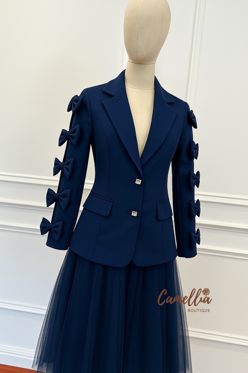 ชุดเซทแฟชั่น ชุดSet เสื้อBlazer แขนโบแต่งกระดุมเพชรด้านหน้า