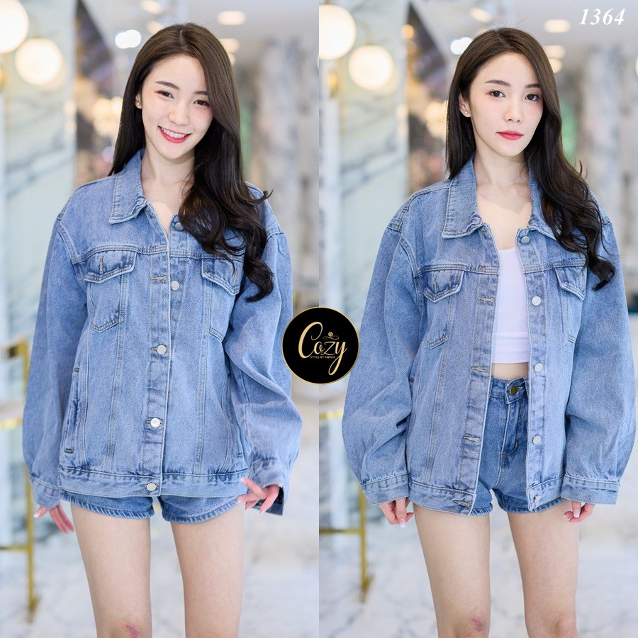 เสื้อแฟชั่น เสื้อยีนส์ฟอกแขนยาว Oversize กระดุมปลายแขน อกผ่าหน่ากระดุมเงิน 5 เม็ด