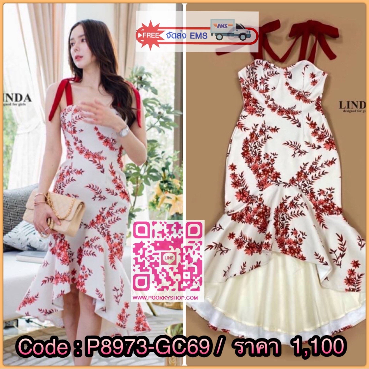 ป้าย LINDA เดรสหางปลา พร้อมส่ง เดรสผ้าพิมพ์ลายดอกไม้สีแดง สายเป็นสีแดง กระโปรงหางปลาระบายสวยมาก