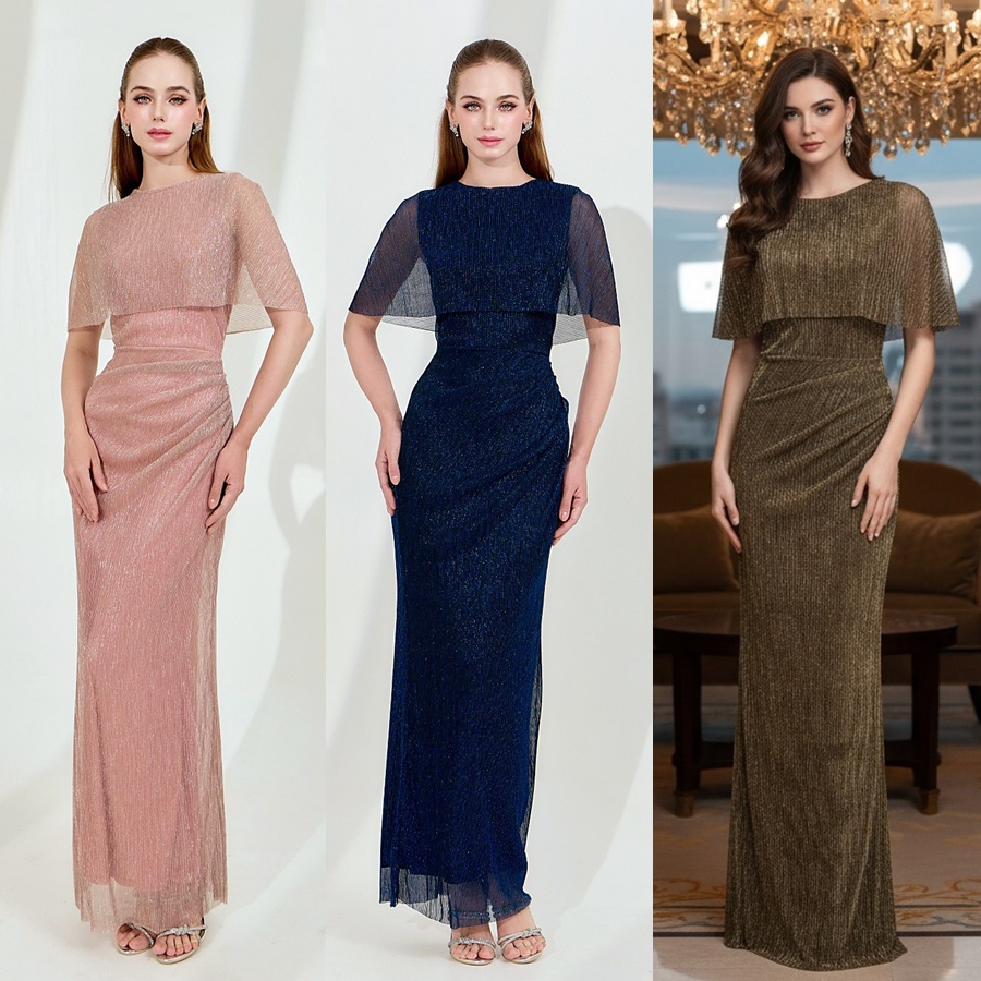 เดรสแฟชั่น เดรสเสื้อคอกลมแขนกุด ดีเทลเป็นเสื้อคลุมไหล่ในตัว กระโปรงทรงสอบจับเดรป