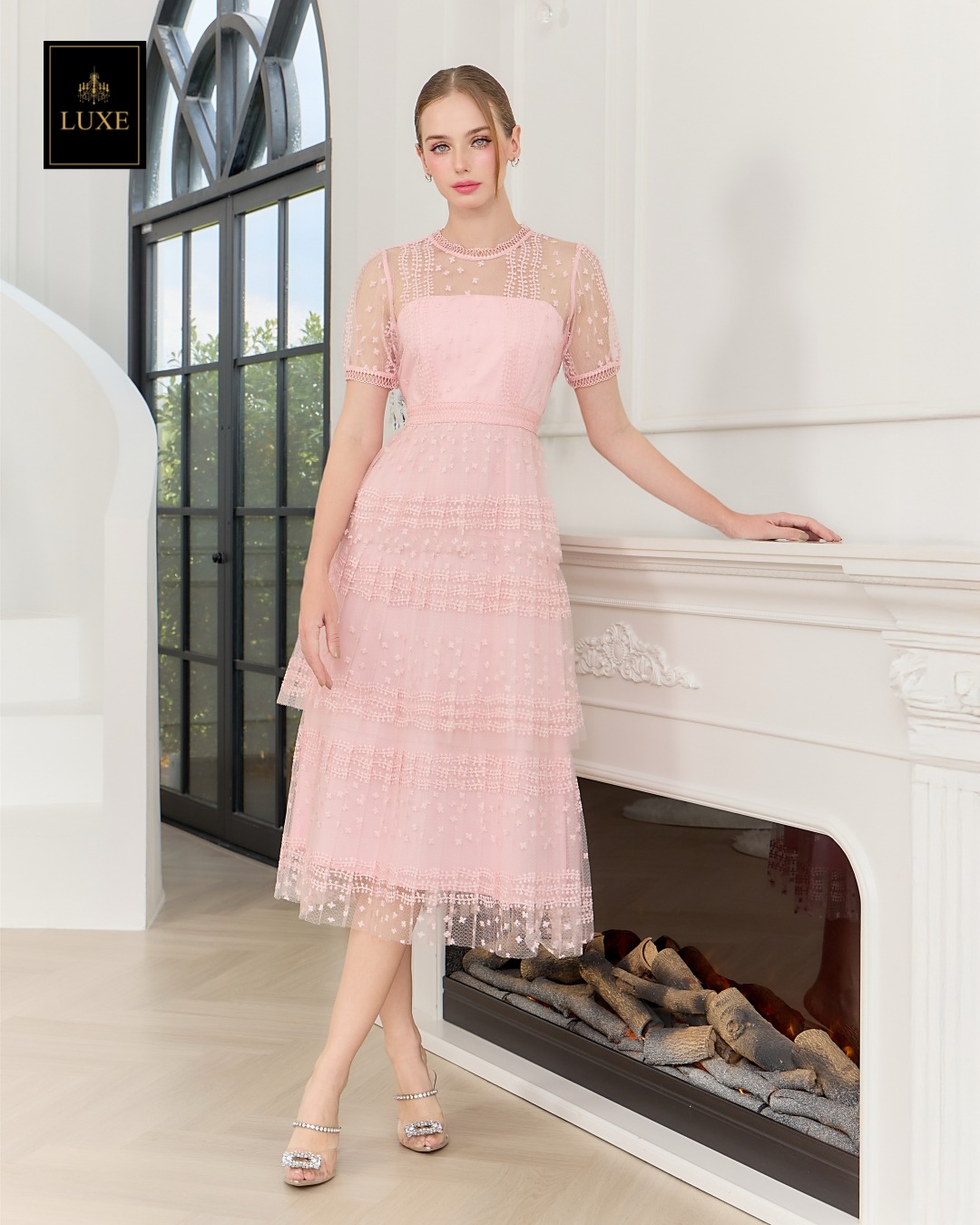 เดรสแฟชั่น เดรสเสื้อคอกลมแขนสั้น กระโปรงอัดพลีท3ชั้น