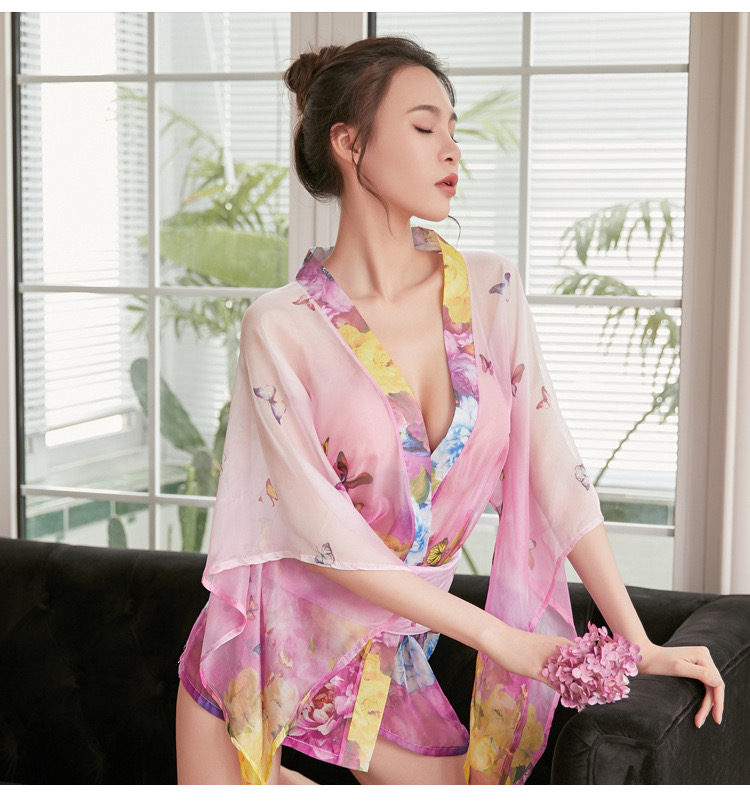 ชุดกิโมโน ซากุระ ซีทรู สีชมพู แต่งสายคาด โบว์สำเร็จรูป สำเนา