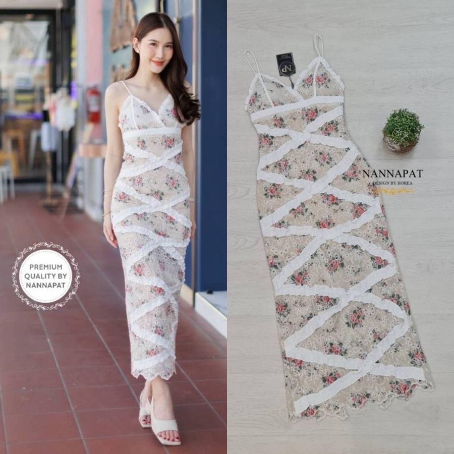 เดรสแฟชั่น Dress สวย เซ็กซี ผ้าลูกไม้ปักฉลุลายดอกทั้งตัว มีซับในอย่างดี
