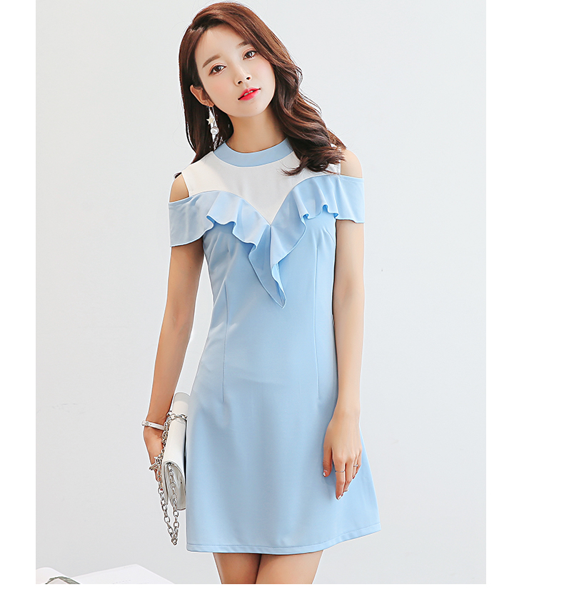 ชุดเดรสแฟชั่นเกาหลี ตัดต่อระบายV ที่หน้าอก เว้าไหล่ ซิปด้านหลัง 231RX สีฟ้า