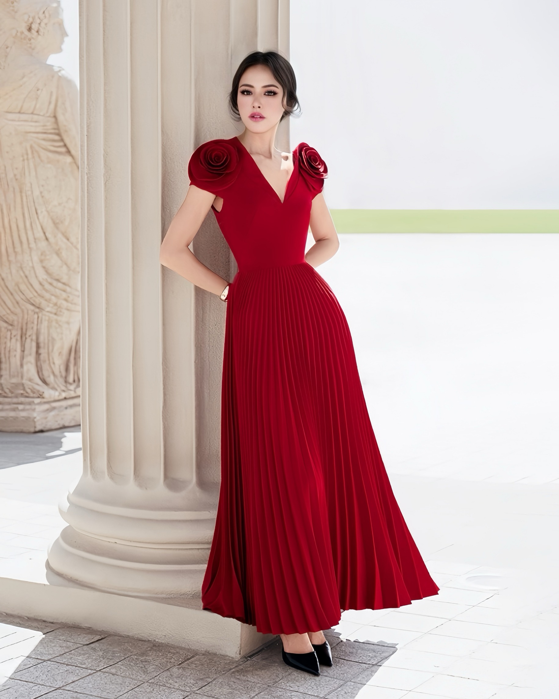 เดรสแฟชั่น เดรสเสื้อคอวีแขนกุด กระโปรงพลีทรอบตัว