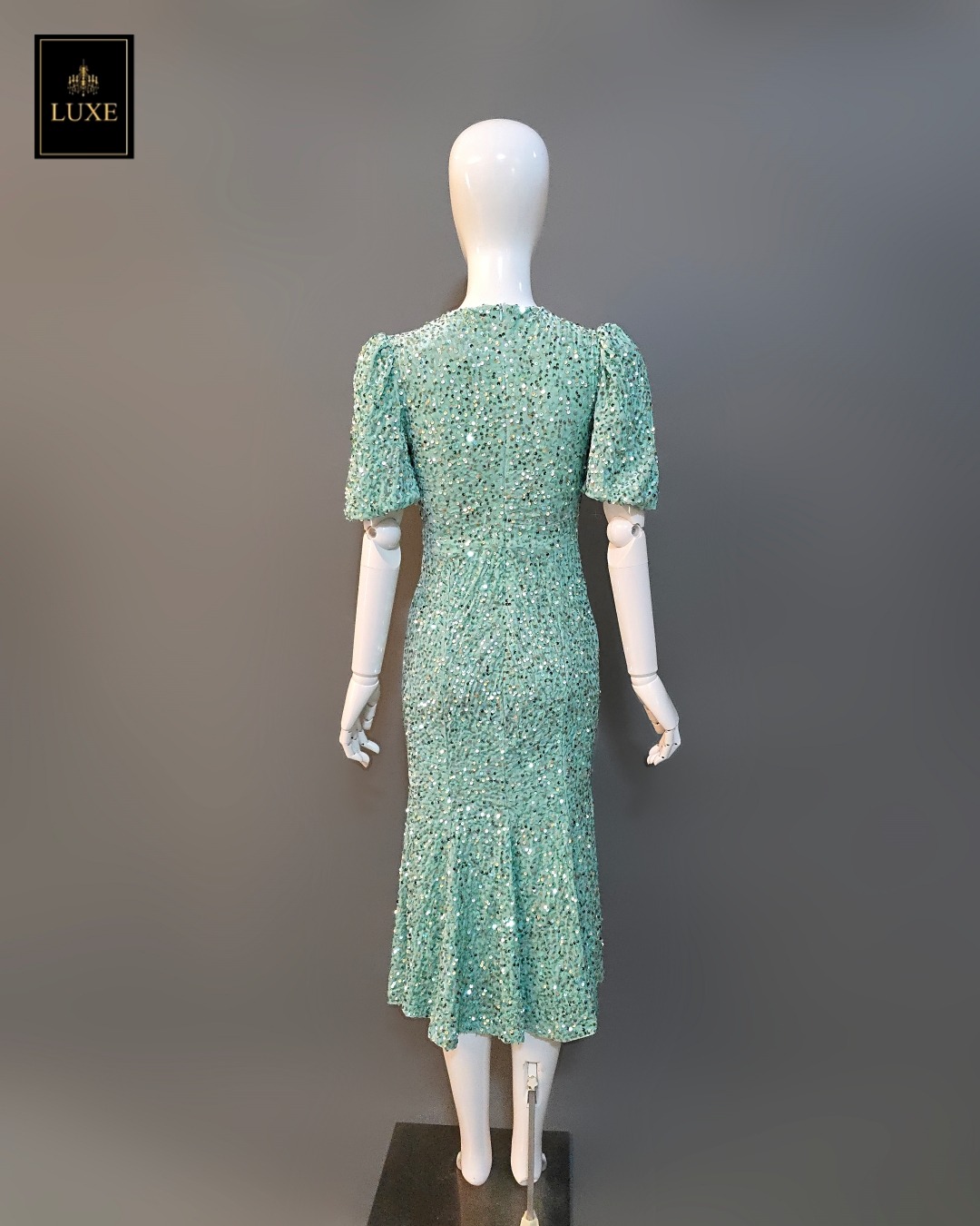 เดรสเสื้อคอกลม แขนสั้นปลายแขนพอง ชายกระโปรงบานเล็กน้อย