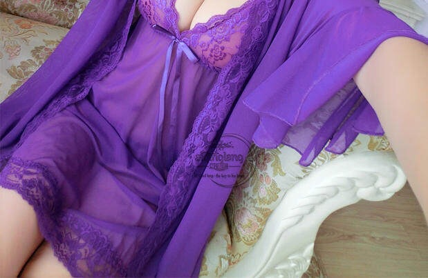 ชุดคลุม เซ็ท ชุดนอนสายเดี่ยว แต่งระบายเนื้อผ้าซีทรู สีม่วง ผ้าเกรดพรีเมี่ยม ทิ้งตัว สวยหรู มีน้ำหนัก