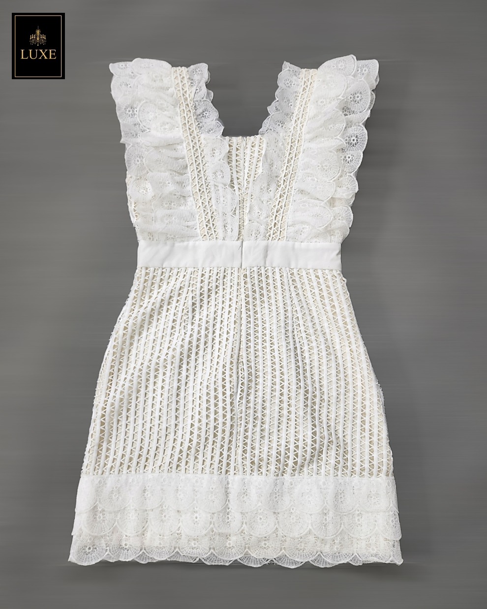 เดรสแฟชั่น เดรสผ้าลูกไม้คอตตอนโครเชต์ เสื้อแขนกุดแต่งระบาย กระโปรงสั้นทรงเอ