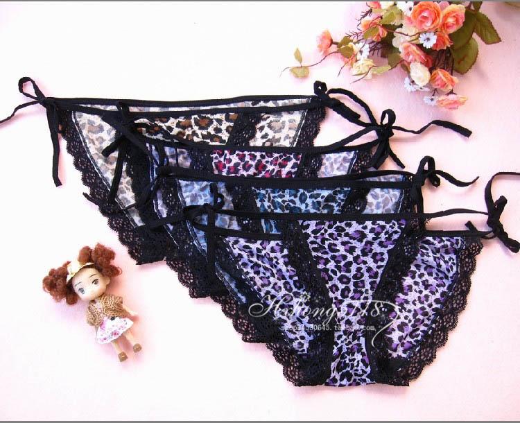 กางเกงในบิกินี่ สายผูก ลายเสือ แต่งขอบลูกไม้ดำ