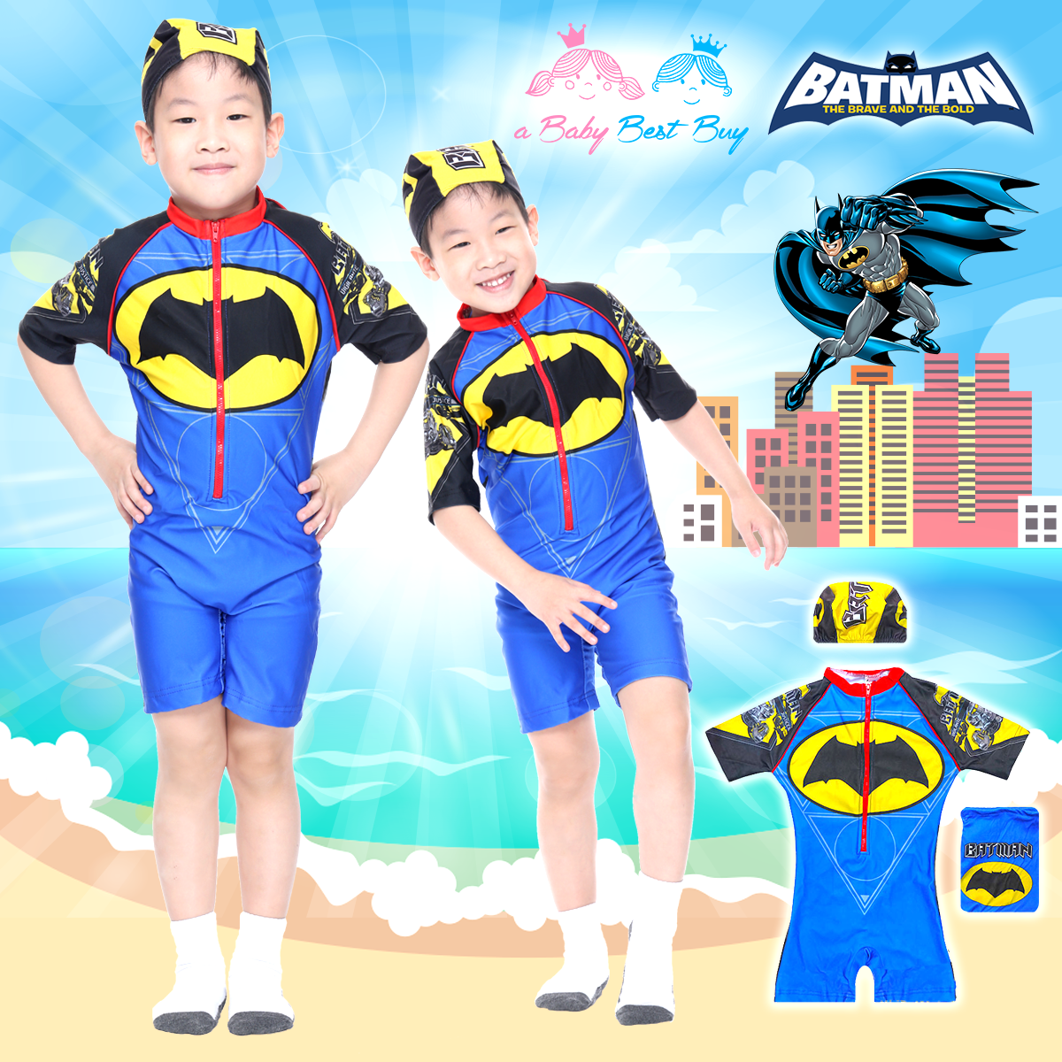 ( For Kids ) Swimsuit for Boys ชุดว่ายน้ำ เด็กผู้ชาย Bat Man ชุดบอดี้สูท มาพร้อมหมวกว่ายน้ำและถุงผ้า สุดเท่ห์ ใส่สบาย ลิขสิทธิ์แท้