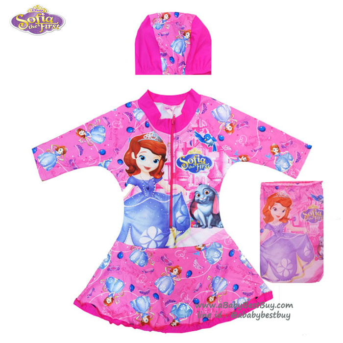 ฮ (สำหรับเด็กอายุ 6เดือน-14 ปี) Swimsuit for Girls ชุดว่ายน้ำ เจ้าหญิง Sofia the First บอดี้สูท เสื้อแขนยาวกระโปรงกางเกง สีชมพู มาพร้อมหมวกว่ายน้ำและถุงผ้า ชุดว่ายน้ำเด็กผู้หญิง เจ้าหญิงโซเฟีย ดิสนีย์แท้