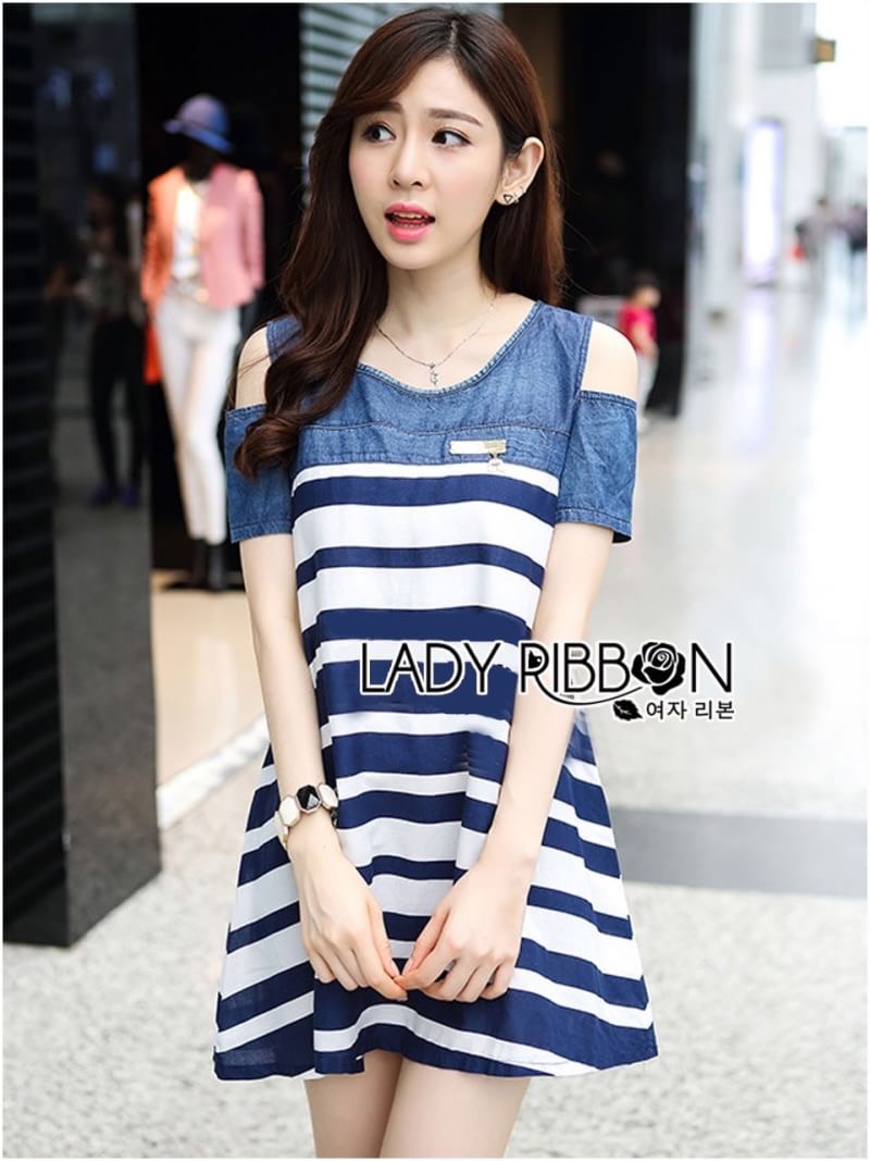 Lady Ribbon's Made Lady Rita Casual Style Cut-Out Denim เดรสผ้าเดนิมตัดต่อผ้าคอตตอนลายขวางสุดเก๋