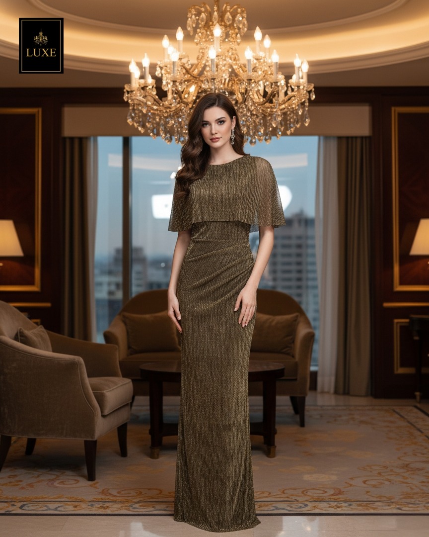 เดรสแฟชั่น เดรสเสื้อคอกลมแขนกุด ดีเทลเป็นเสื้อคลุมไหล่ในตัว กระโปรงทรงสอบจับเดรป