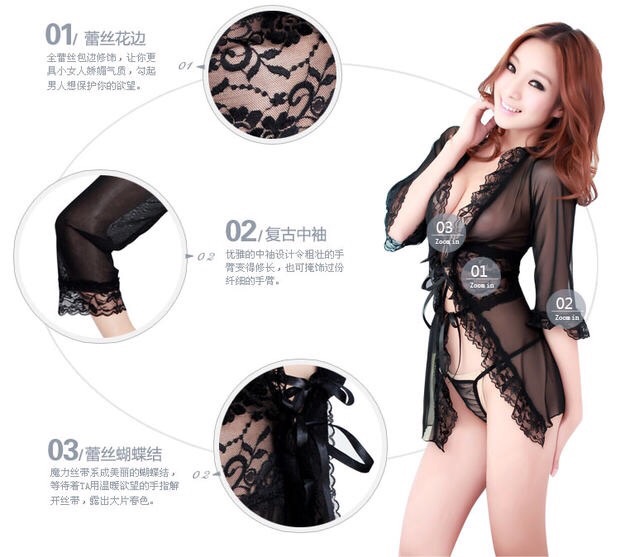 ชุดนอนเซ็กซี่ ชุดคลุมซีทรู ชุดคลุมเซ็กซี่ ผ้าซีทรูสีดำ แต่งลูกไม้ใต้อก ถึงเอว มีสายผูกด้านหน้า แต่งขอบลูกไม้ ขอบแขนเสื้อและชายกระโปรง เนื้อผ้าทิ้งตัว มีน้ำหนัก สวยเซ็กซี่คะ +G-string เข้าชุดคะ