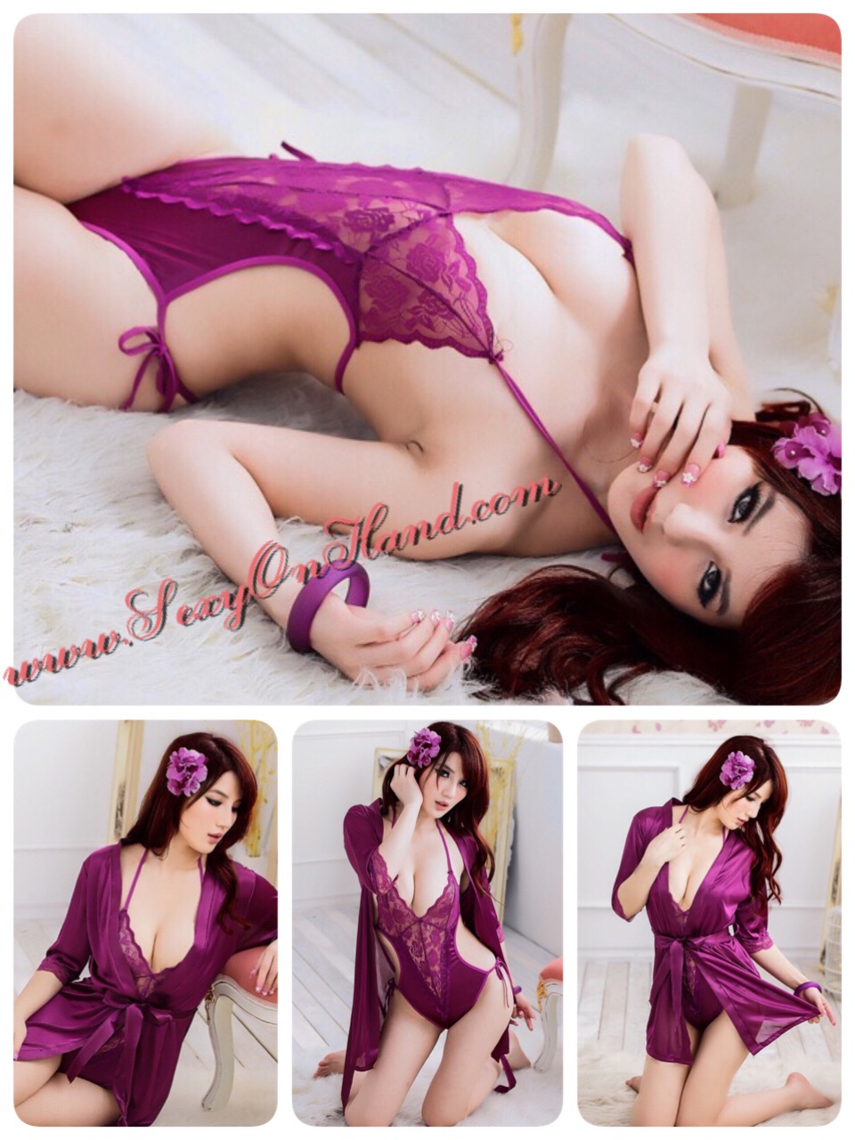 ชุดเซ็กซี่ ชุดวันพีซ สีม่วง ปิดเป้า แต่งลูกไม้เกรดดี ผ้านุ่มลื่น ด้านบนคล้องคอ ช่วงตัวใช้ผูกด้านหลัง