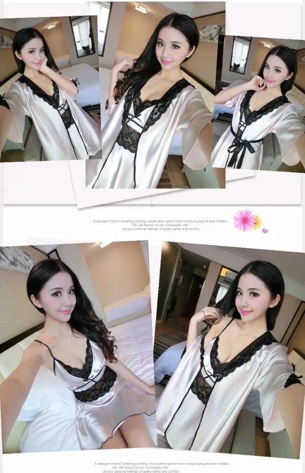 Set ชุดนอน เซ็ทชุดคลุมนอน+ สายเดี่ยวสีขมพูอ่อน แต่งลูกไม้ดำ