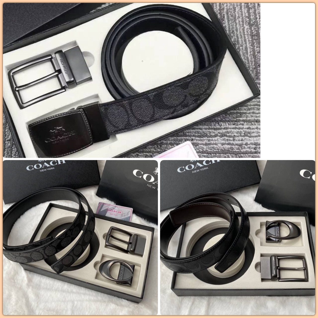 Set เข็มขัด coach 2 หัว ใส่แบบเจาะรูเข็มขัด สายลายC นูนสลับกับด้านเรียบ สลับใช้ได้ 2 ด้าน ทั้งยังสามารถเจาะรูเพิ่มได้ รุ่นนี้มาพร้อมป้ายแท็กแบรนด์ หัวเข็มขัดใส่ได้ง่าย ถอดได้ไม่ยาก ซื้อเป็นของขวัญของฝาก ดูดีมากๆเลยนะคะ