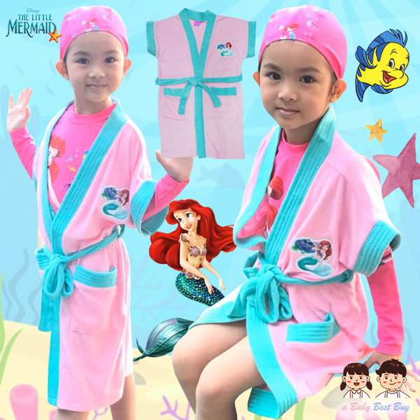 ฮ ( For Kids ) - Disney Ariel ชุดคลุมว่ายน้ำ เด็กผู้หญิง สีชมพูคาดเขียว ลายเจ้าหญิงแอเรียล สุดน่ารัก ผ้าดี ดิสนีย์แท้ ลิขสิทธิ์แท้