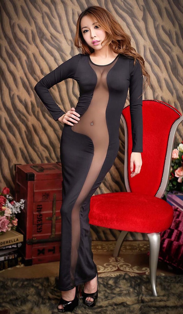 เดรสยาว สีดำ ทรงกี่เพ้า แต่ง ซีทรู สวยเปรี้ยว แซ่บมากคะ