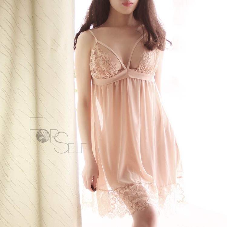 ชุดนอน เดรสซีทรู สีพีช แต่งลูกไม้ซีทรู เนื้อผ้าสวย ทิ้งตัว คุณหนูมากๆคะ