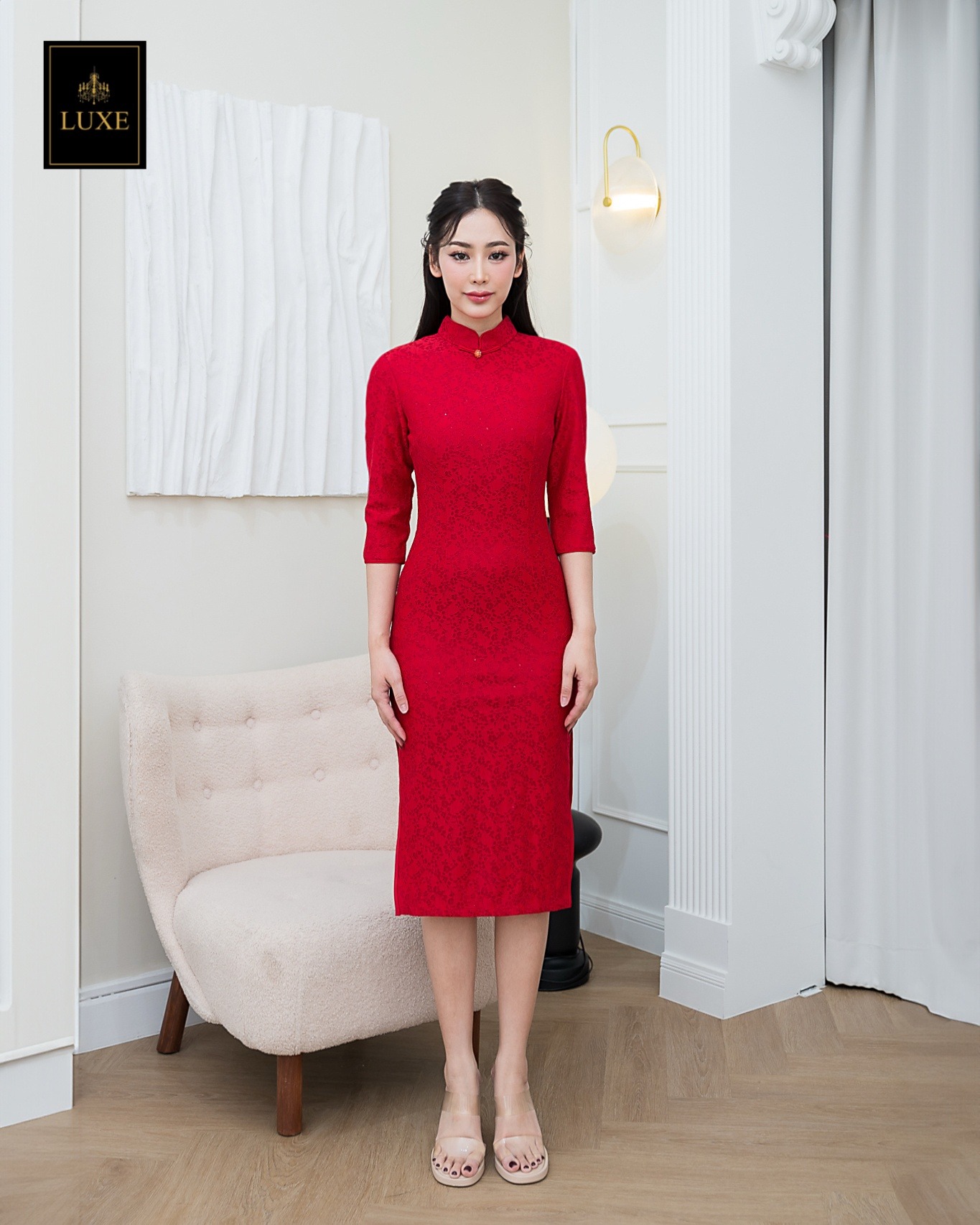 เดรสแฟชั่น เดรสกี่เพ้าเสื้อแขน 3 ส่วน มีเสื้อคลุมที่สามารถถอดได้