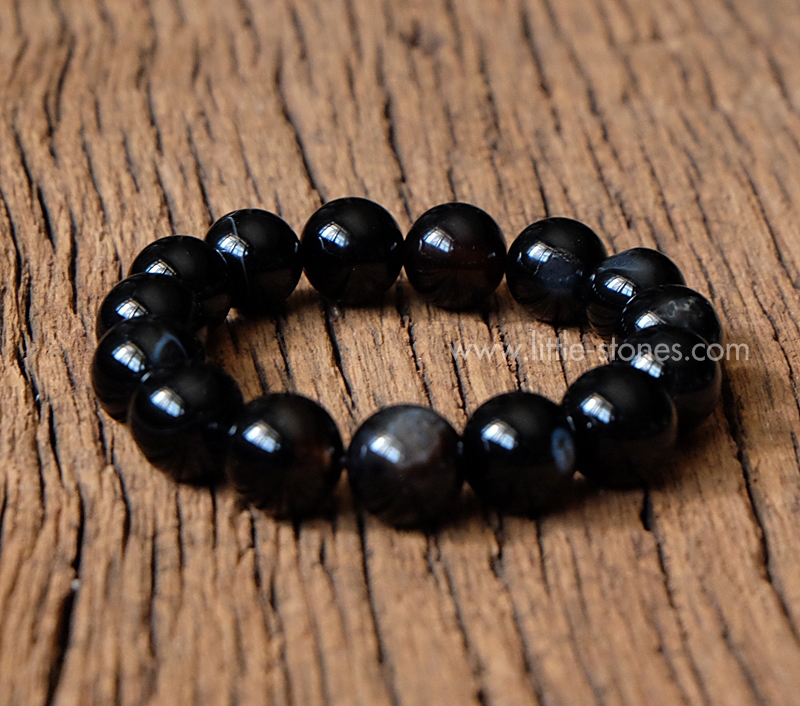 ++ Black Agate - แบล็คอาเกต สีดำทึบ ติดลายขาวเล็กน้อย เม็ดกลมขนาด 12 mm ++