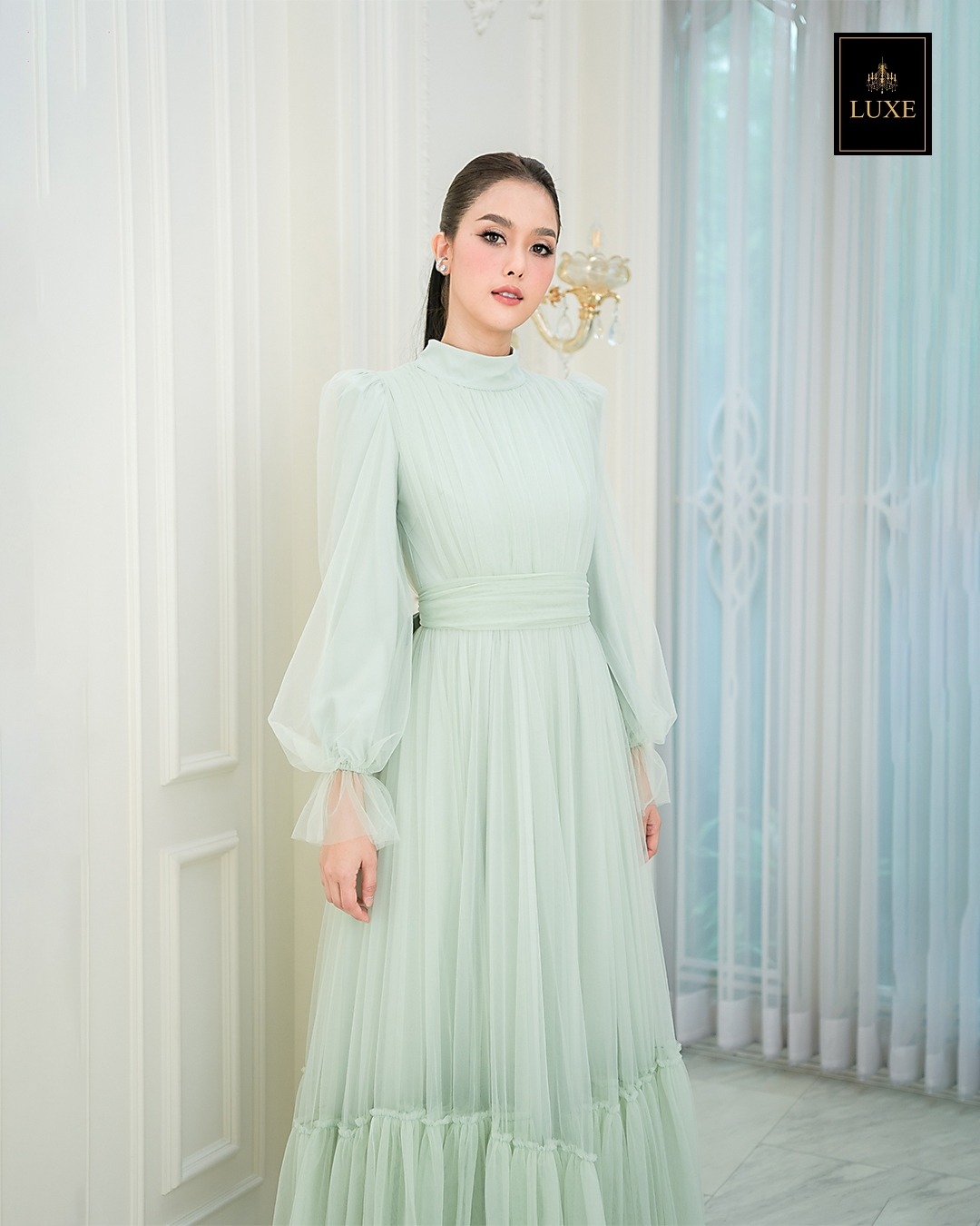 เดรสแฟชั่น แม็กซี่เดรสเสื้อคอปีนแขนยาว กระโปรงบานต่อชายรูดระบายรอบตัว