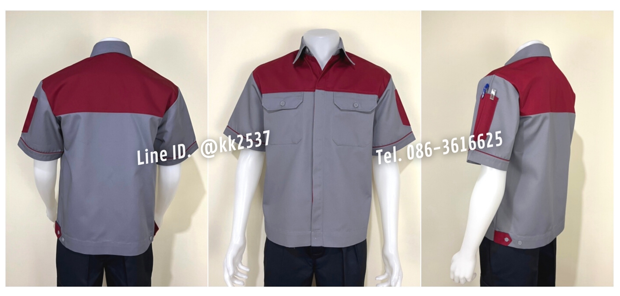 รหัส A 190 เสื้อช่างแขนสั้นแบบเทาอกเลือดหมูกระดุมซ่อนสาบ(สั่งตัด)