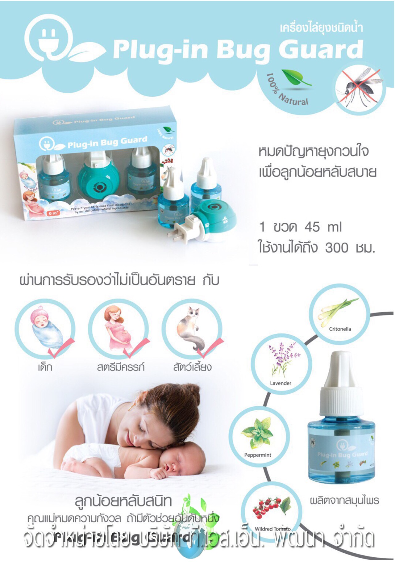 ผลิตภัณฑ์ Plug-in Bug Guard เครื่องไล่ยุงชนิดน้ำจากธรรมชาติ 100 % ตัวช่วยไล่ยุงปราศจากสารเคมี รับรองว่าปลอดภัยกับเจ้าตัวน้อยของคุณแม่และทุกคนในครอบครัว ผ่านการทดสอบและรับรองตามมาตรฐาน อย. วอส.66/2559