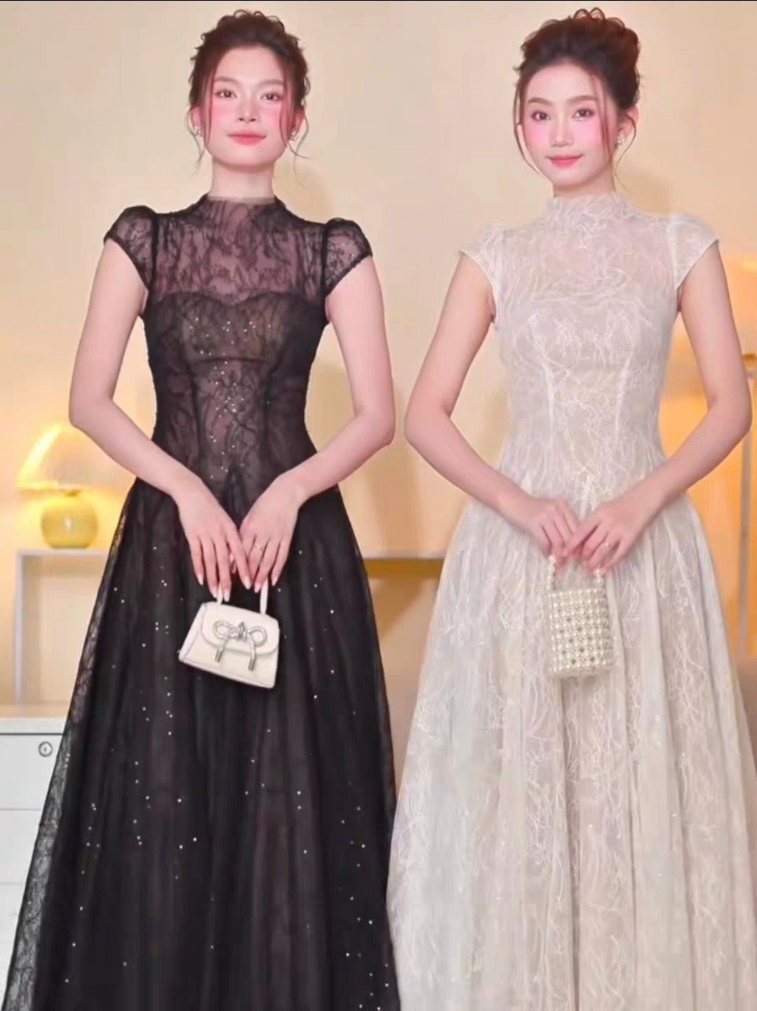 เดรสแฟชั่น เดรสเสื้อคอกลมแขนเต่อ กระโปรงบาน ดีเทลซีทรูที่บ่าและแขน