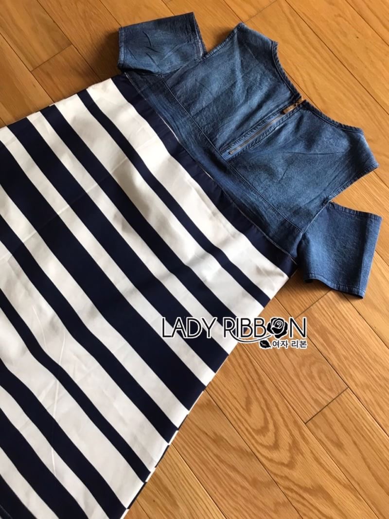 Lady Ribbon's Made Lady Rita Casual Style Cut-Out Denim เดรสผ้าเดนิมตัดต่อผ้าคอตตอนลายขวางสุดเก๋
