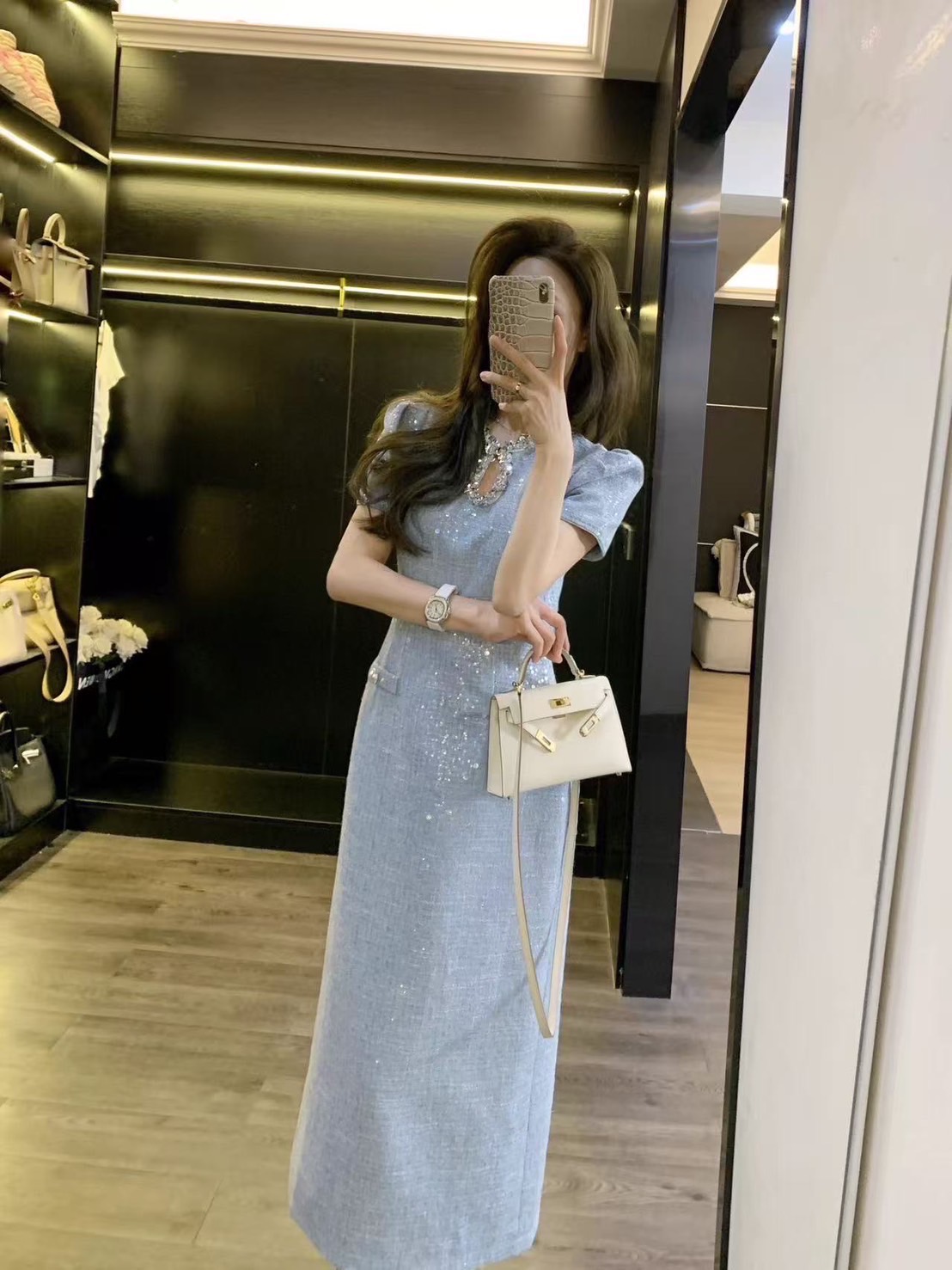 เดรสแฟชั่น เดรสตัวยาวเนื้อผ้าทวีตปักwinkสวยหรูโดดเด่น