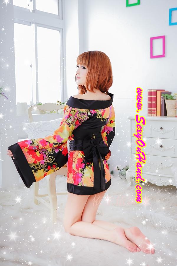 ชุดกิโมโน สไตล์นางรำญี่ปุ่น แนวเกอิชา ปลายแขนบาน สีสด โทนดำ-ส้ม สวยเซ็กซี่ เย้ายวน พร้อมจีสตริงเข้าชุดคะ