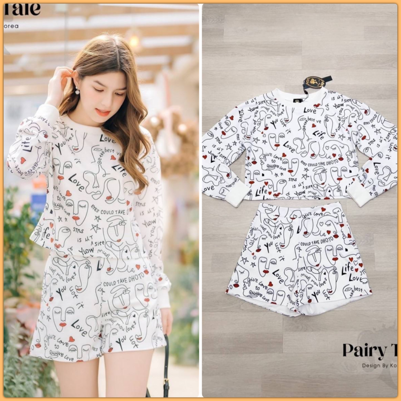 Set Lyn around เสื้อแขนยาว แมตกางเกงขาสั้น ผ้าเสื้อวอมเนื้อไม่หนามากนะคะ พิมพ์ลายตามแบรนด์ งานสวยใส่น่ารักก