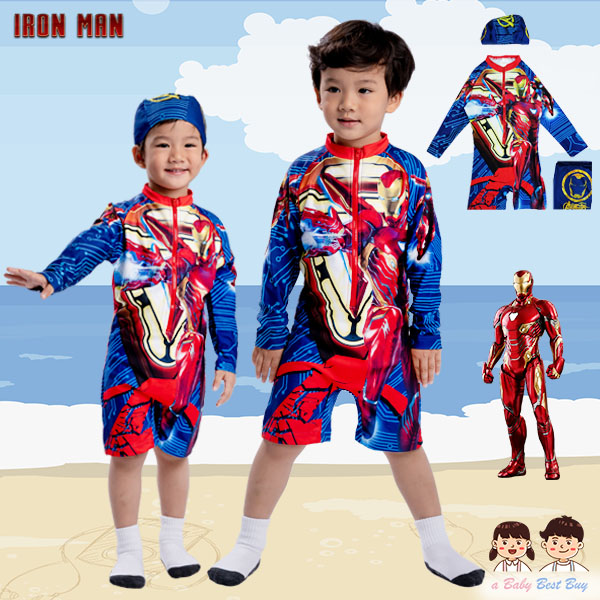 ( For Kids ) ชุดว่ายน้ำเด็กผู้ชาย The Avengers - Iron Man ชุดบอดี้สูทเสื้อแขนยาวกางเกงขาสั้นซิบหน้า สีแดง สกรีนลายชุด Iron Man เสมือนจริง มาพร้อมหมวกว่ายน้ำและถุงผ้า สุดเท่ห์ ใส่สบาย ลิขสิทธิ์แท้ ( สำหรับเด็กอายุ 6เดือน-14 ปี)