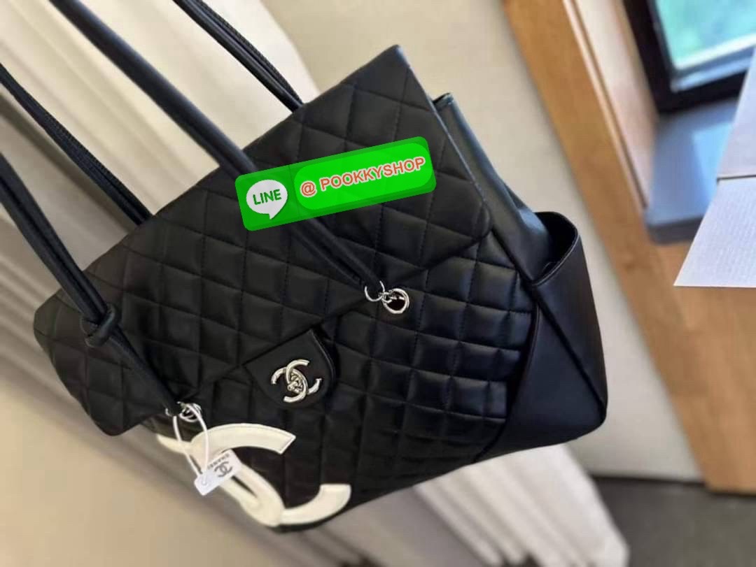 CHANEL Black Lambskin Leather Cambon Handbag Limited Edition White CC Logo RARE
